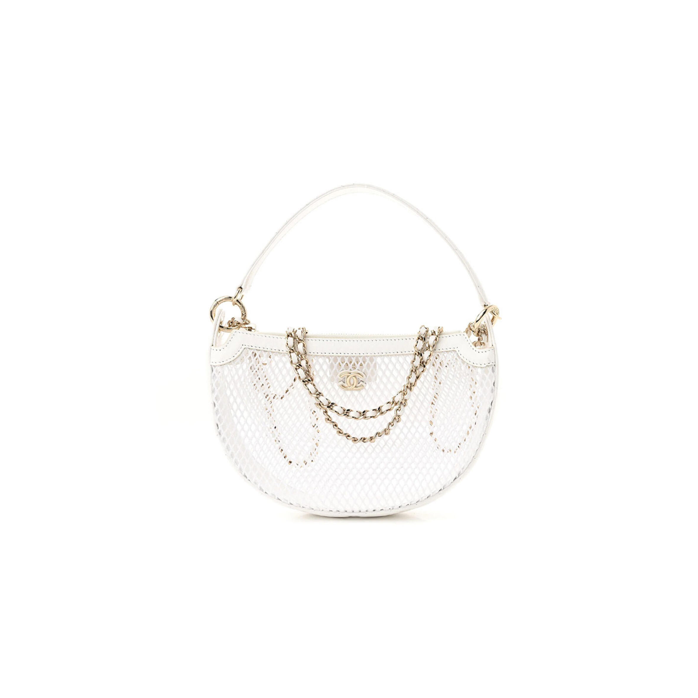CHANEL ROUND CLUTCH WITH CHAIN WHITE MESH LIGHT GOLD HARDWARE AP4573 (22*15*6cm)